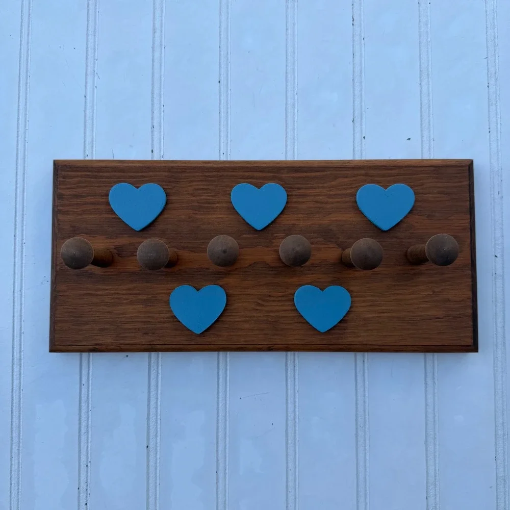 Vintage Handmade Wooden Wall Rack 6 Pegs Blue Hearts Country Farmhouse Decor